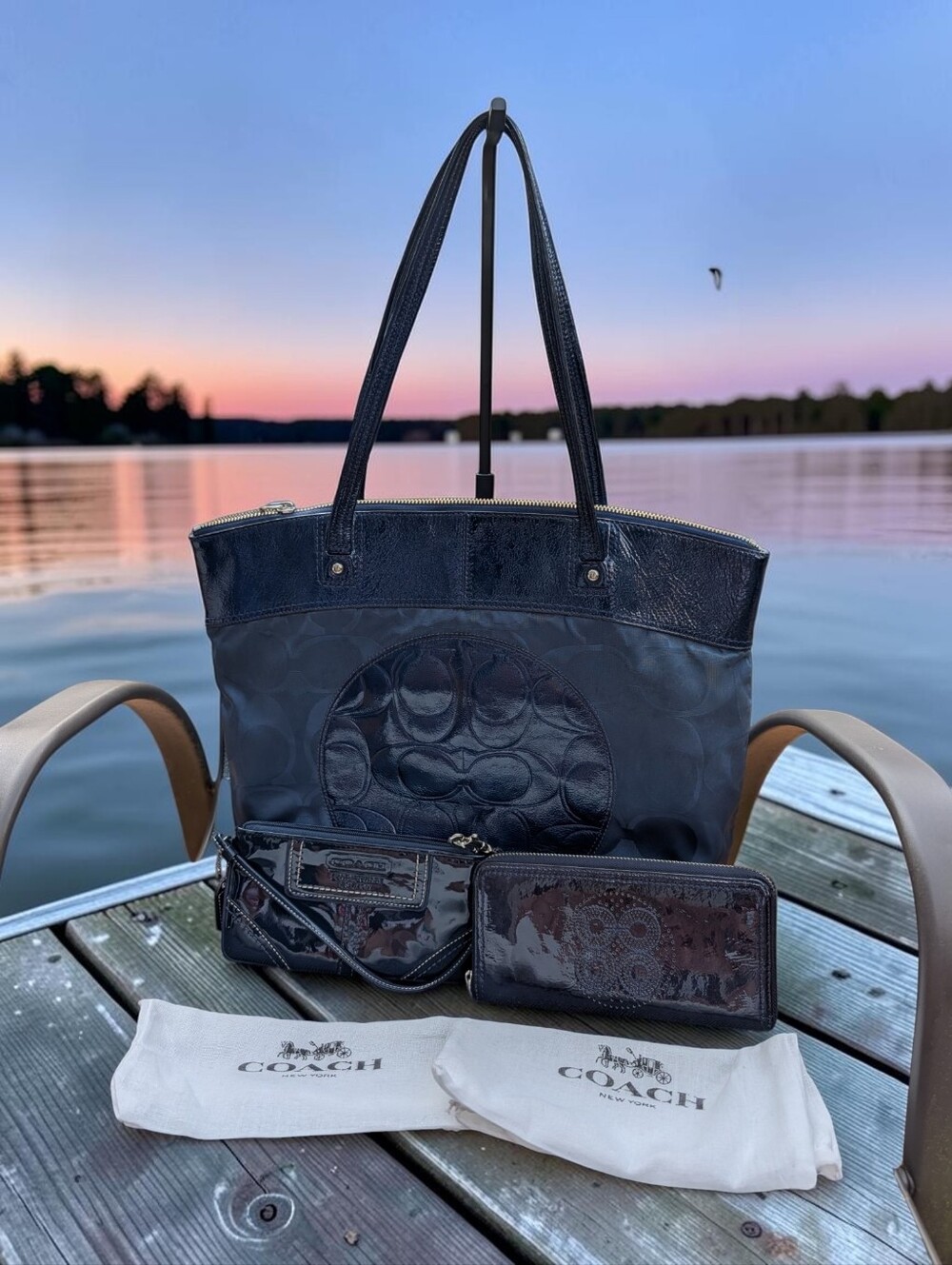 Coach Navy Signature Tote with Wristlet and Wallet Set